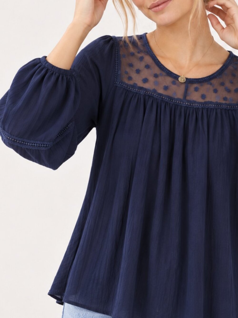Q2 Collection Navy Embroidered Mesh Yoke Blouse Size Medium